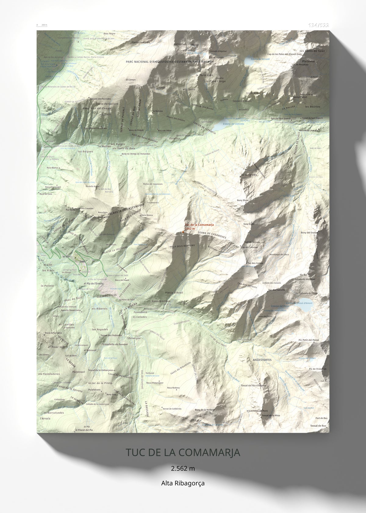 Mapa de relieve de Tuc de la Comamarja, 2562 m, Alta Ribagorça, lámina 100 Cims de Trobart 50 × 70 cm.