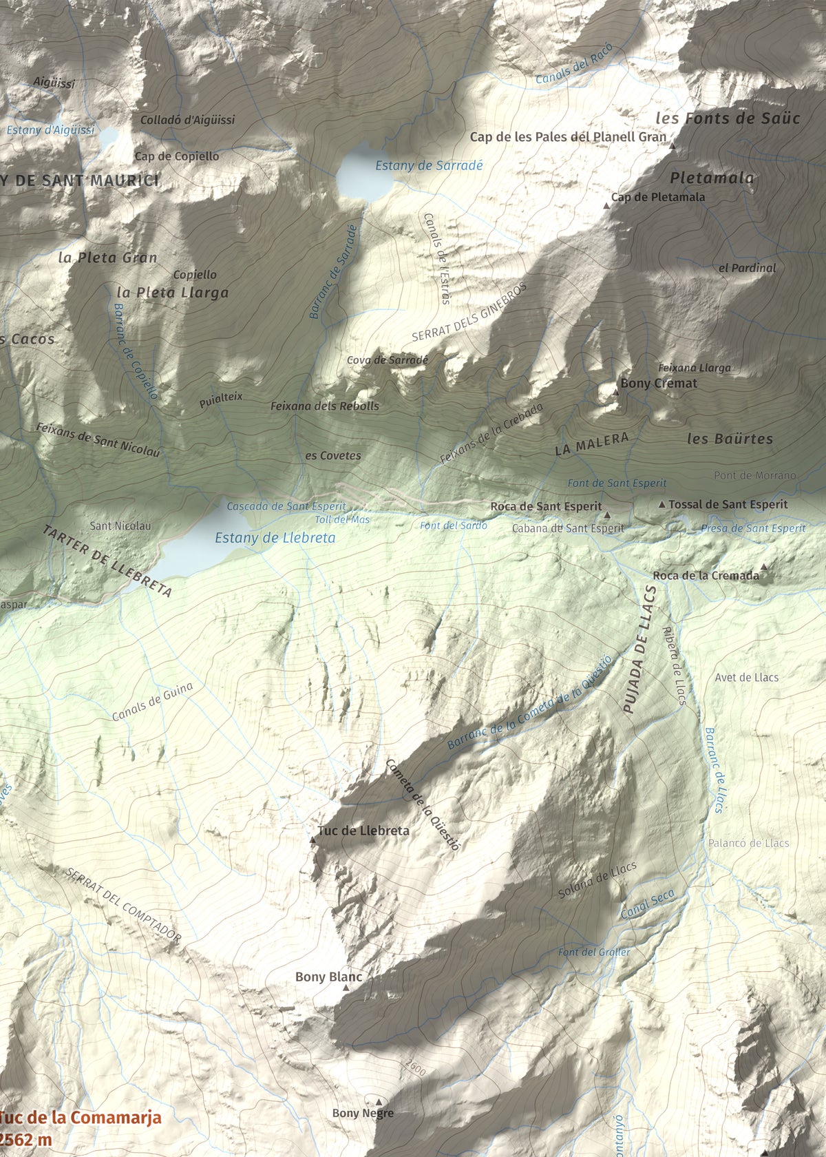Mapa de relieve de Tuc de la Comamarja, 2562 m, Alta Ribagorça, lámina 100 Cims de Trobart. Detalle de la zona superior derecha. 50 × 70 cm.