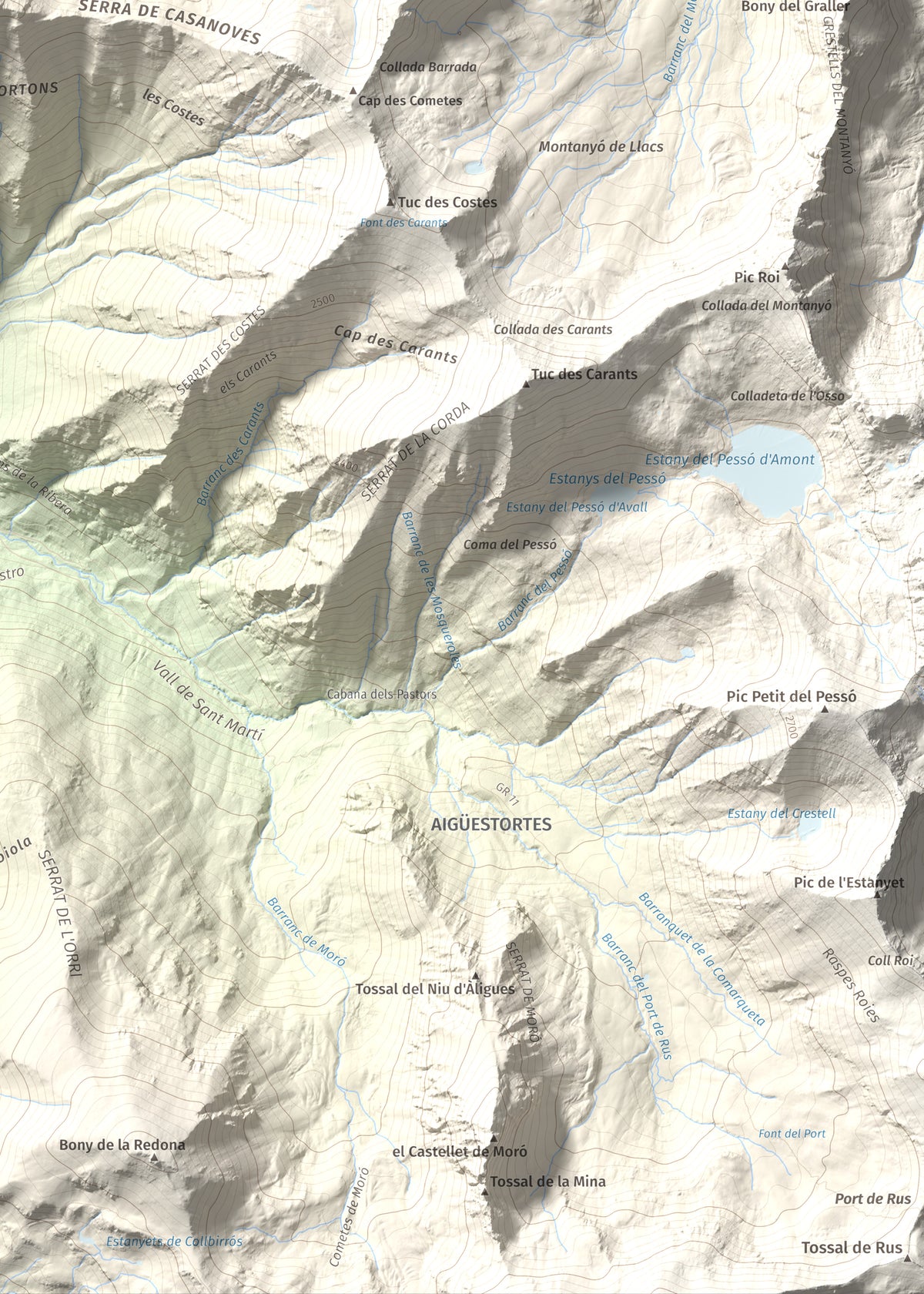 Mapa de relieve de Tuc de la Comamarja, 2562 m, Alta Ribagorça, lámina 100 Cims de Trobart. Detalle de la zona inferior derecha. 50 × 70 cm.