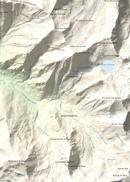 Mapa de relieve de Tuc de la Comamarja, 2562 m, Alta Ribagorça, lámina 100 Cims de Trobart. Detalle de la zona inferior derecha. 50 × 70 cm.