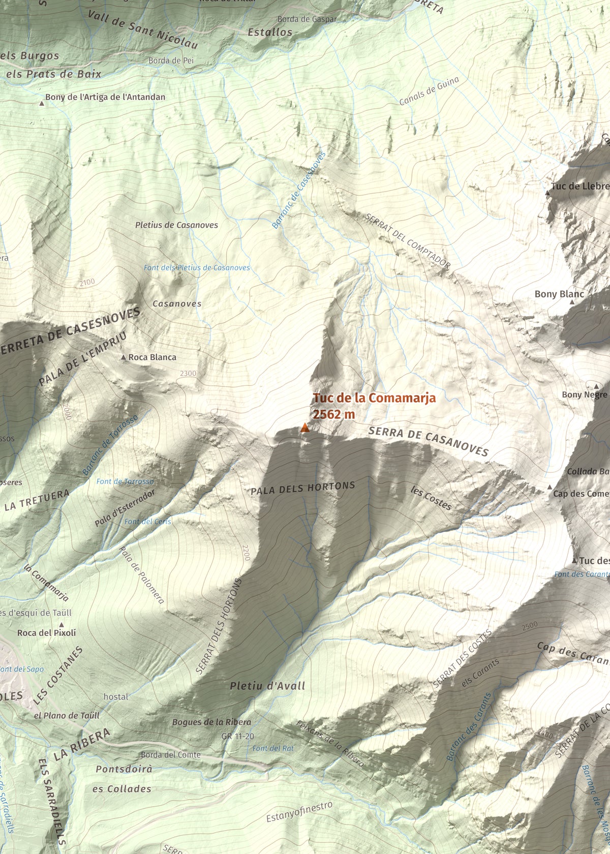 Mapa de relieve de Tuc de la Comamarja, 2562 m, Alta Ribagorça, lámina 100 Cims de Trobart. Detalle de la zona central. 50 × 70 cm.