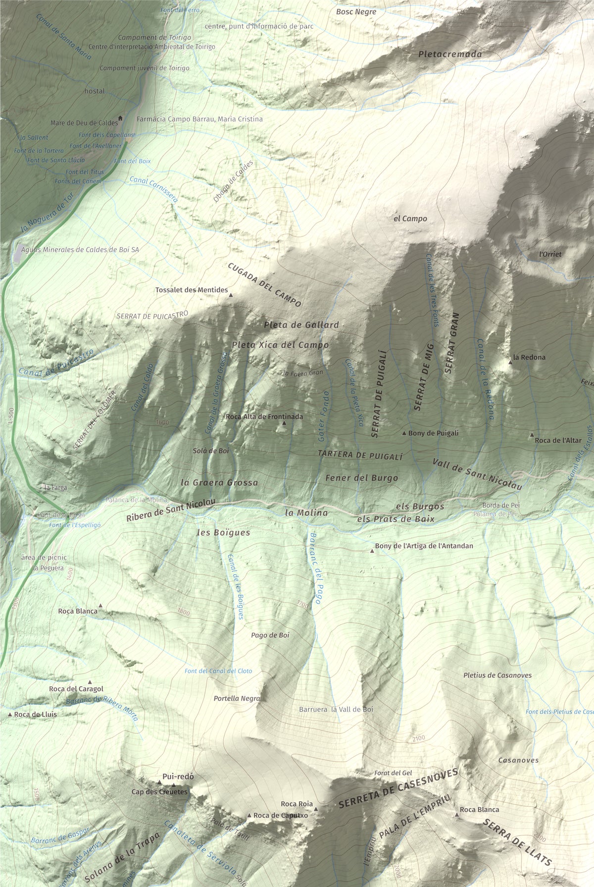 Mapa de relieve de Tuc de la Comamarja, 2562 m, Alta Ribagorça, lámina 100 Cims de Trobart. Detalle de la zona superior izquierda. 61 × 91 cm.