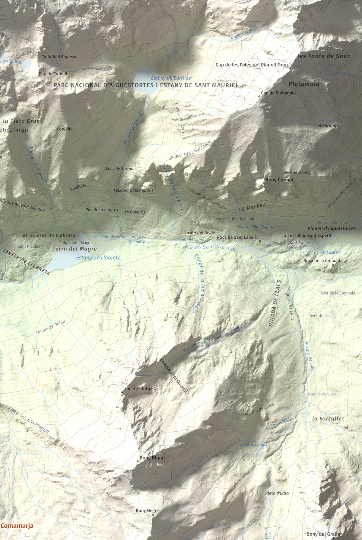 Mapa de relieve de Tuc de la Comamarja, 2562 m, Alta Ribagorça, lámina 100 Cims de Trobart. Detalle de la zona superior derecha. 61 × 91 cm.