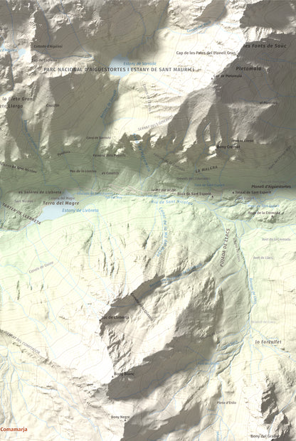 Mapa de relieve de Tuc de la Comamarja, 2562 m, Alta Ribagorça, lámina 100 Cims de Trobart. Detalle de la zona superior derecha. 61 × 91 cm.