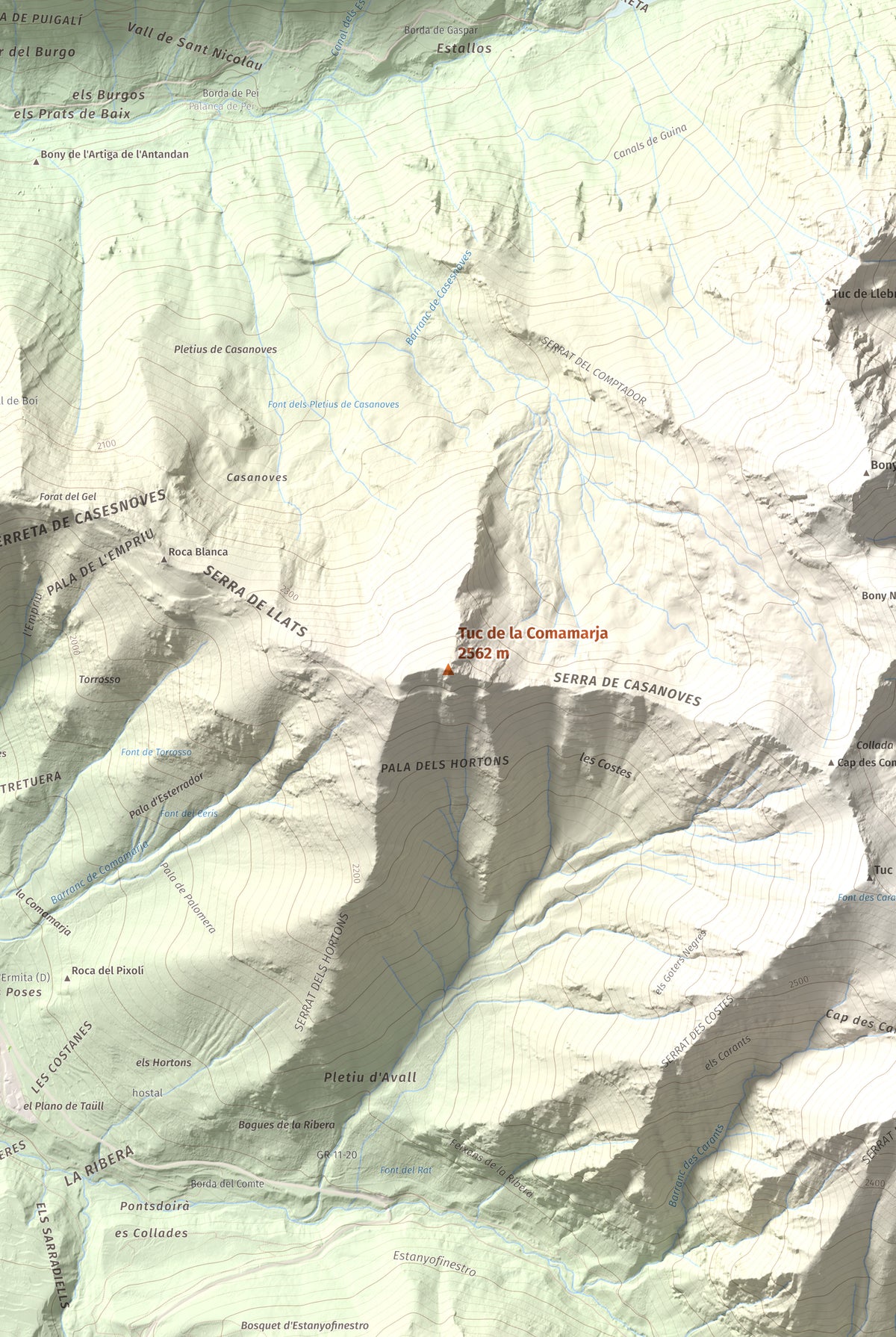 Mapa de relieve de Tuc de la Comamarja, 2562 m, Alta Ribagorça, lámina 100 Cims de Trobart. Detalle de la zona central. 61 × 91 cm.