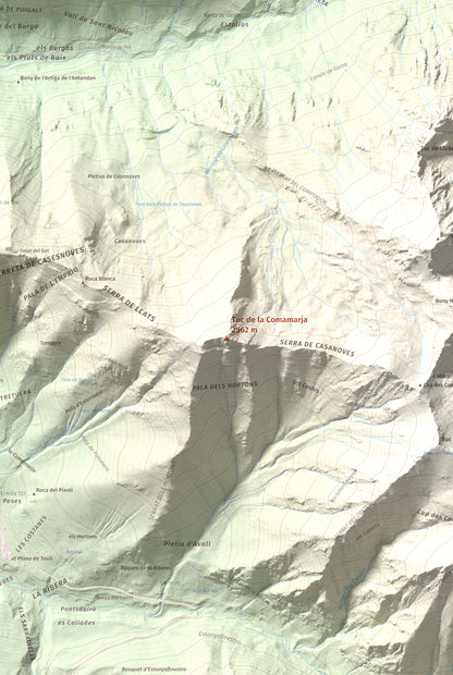 Mapa de relieve de Tuc de la Comamarja, 2562 m, Alta Ribagorça, lámina 100 Cims de Trobart. Detalle de la zona central. 61 × 91 cm.