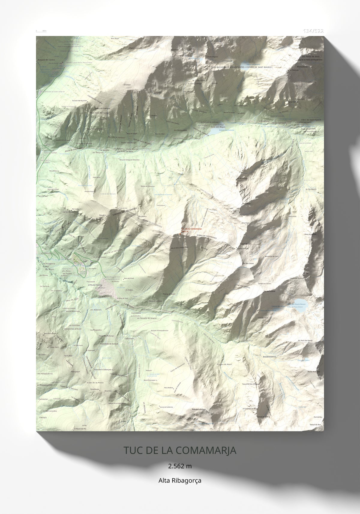 Mapa de relieve de Tuc de la Comamarja, 2562 m, Alta Ribagorça, lámina 100 Cims de Trobart 70 × 100 cm.