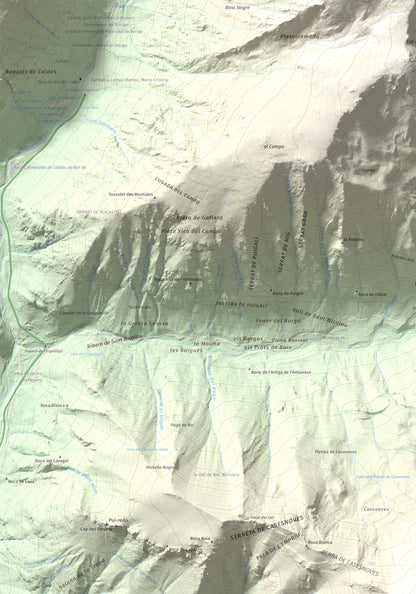 Mapa de relieve de Tuc de la Comamarja, 2562 m, Alta Ribagorça, lámina 100 Cims de Trobart. Detalle de la zona superior izquierda. 70 × 100 cm.