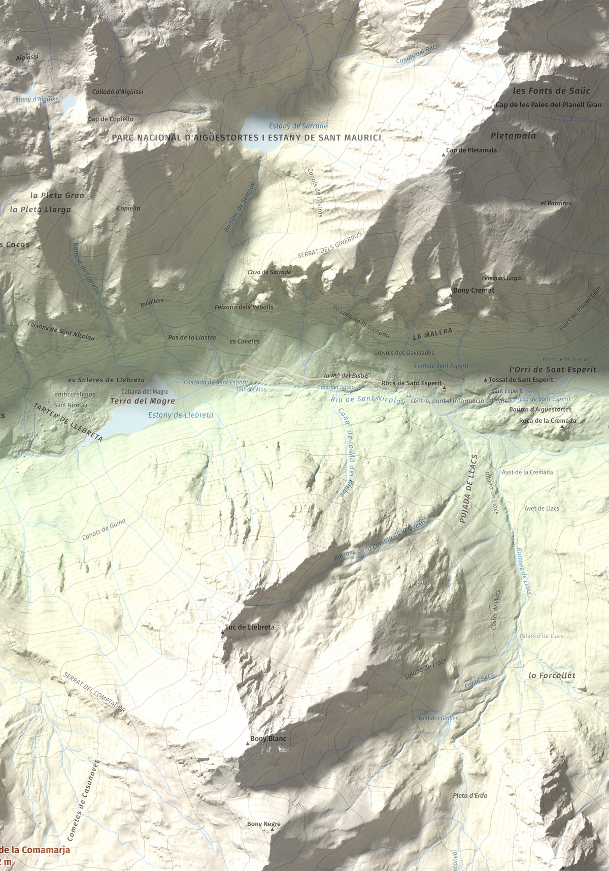 Mapa de relieve de Tuc de la Comamarja, 2562 m, Alta Ribagorça, lámina 100 Cims de Trobart. Detalle de la zona superior derecha. 70 × 100 cm.