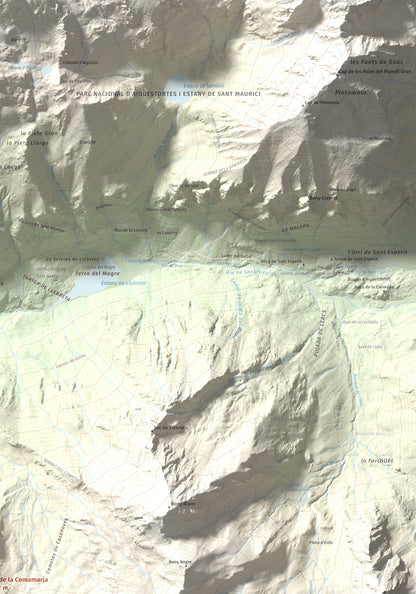 Mapa de relieve de Tuc de la Comamarja, 2562 m, Alta Ribagorça, lámina 100 Cims de Trobart. Detalle de la zona superior derecha. 70 × 100 cm.
