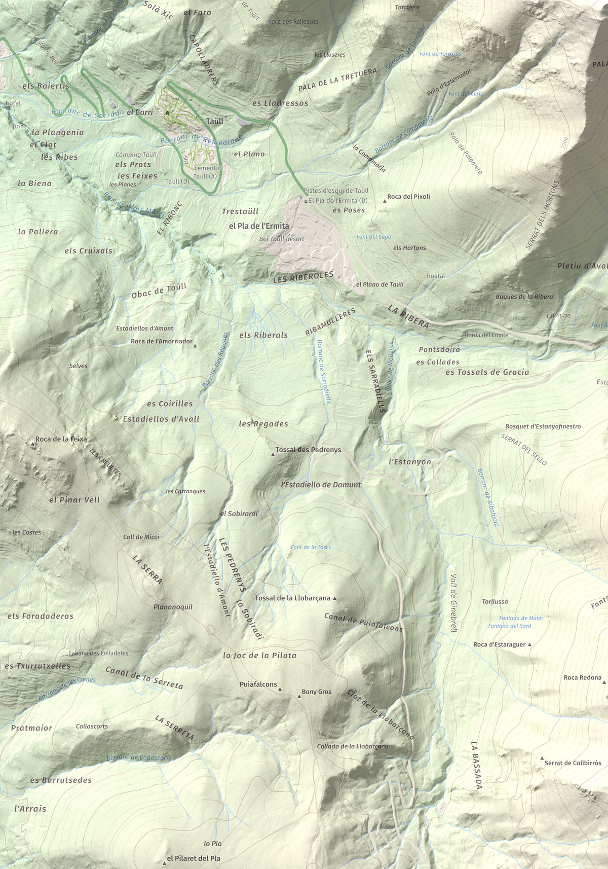 Mapa de relieve de Tuc de la Comamarja, 2562 m, Alta Ribagorça, lámina 100 Cims de Trobart. Detalle de la zona inferior izquierda. 70 × 100 cm.