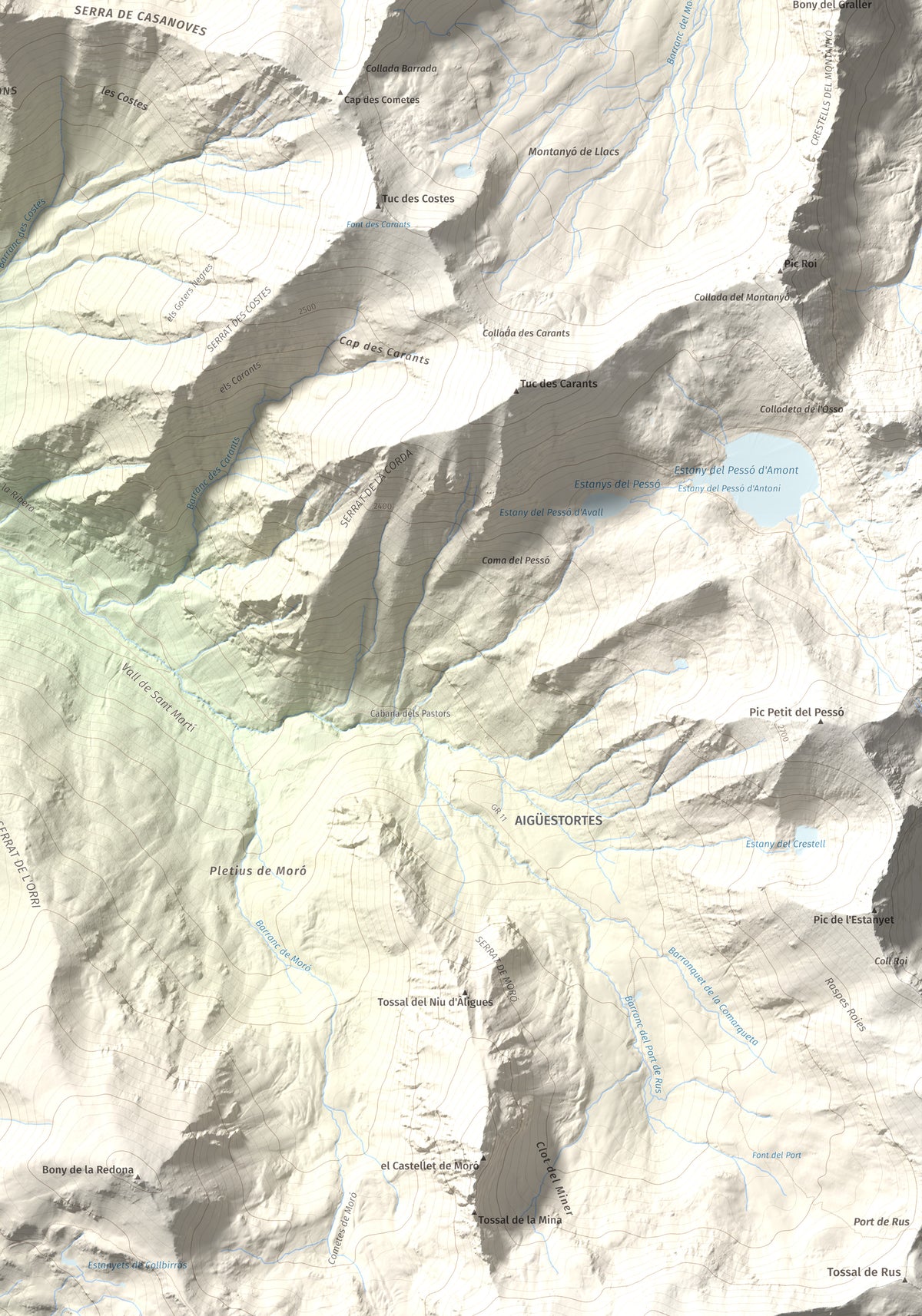 Mapa de relieve de Tuc de la Comamarja, 2562 m, Alta Ribagorça, lámina 100 Cims de Trobart. Detalle de la zona inferior derecha. 70 × 100 cm.