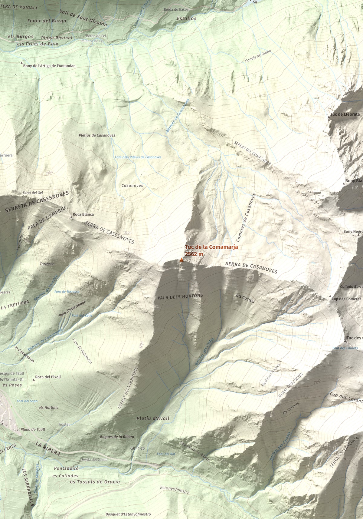 Mapa de relieve de Tuc de la Comamarja, 2562 m, Alta Ribagorça, lámina 100 Cims de Trobart. Detalle de la zona central. 70 × 100 cm.