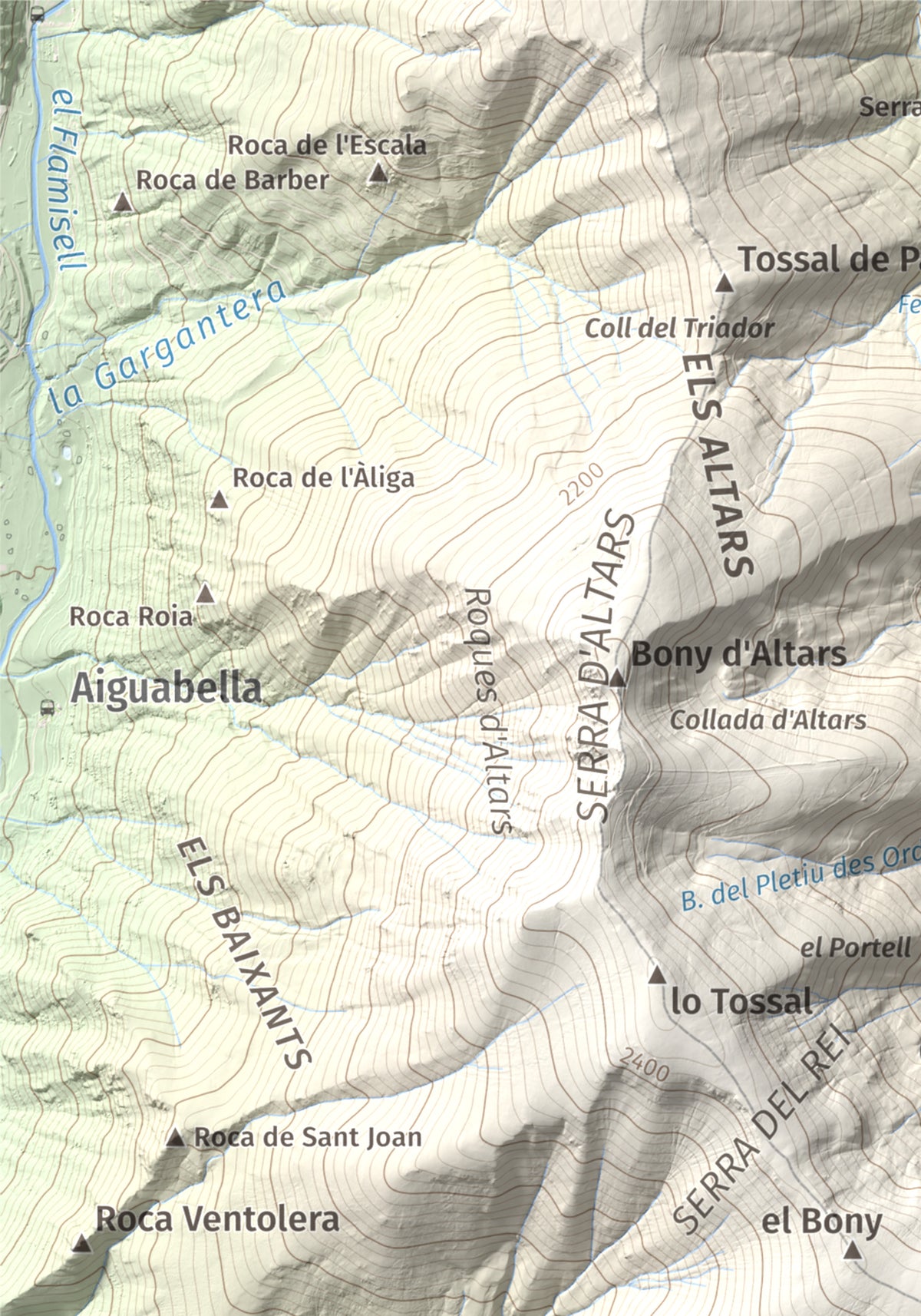 Mapa de relieve de Tuc de la Cometa, 2445 m, Pallars Jussà · Pallars Sobirà, lámina 100 Cims de Trobart. Detalle de la zona superior izquierda. 21 × 30 cm.