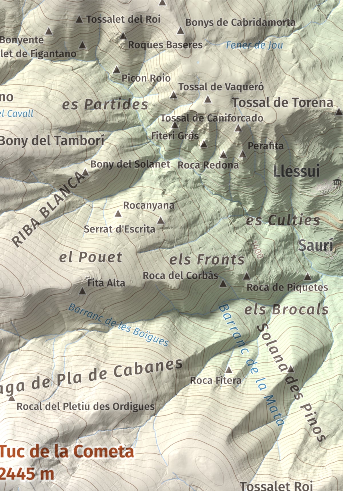 Mapa de relieve de Tuc de la Cometa, 2445 m, Pallars Jussà · Pallars Sobirà, lámina 100 Cims de Trobart. Detalle de la zona superior derecha. 21 × 30 cm.