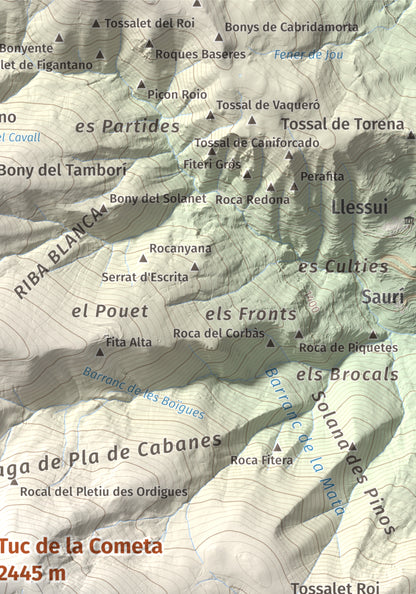 Mapa de relieve de Tuc de la Cometa, 2445 m, Pallars Jussà · Pallars Sobirà, lámina 100 Cims de Trobart. Detalle de la zona superior derecha. 21 × 30 cm.