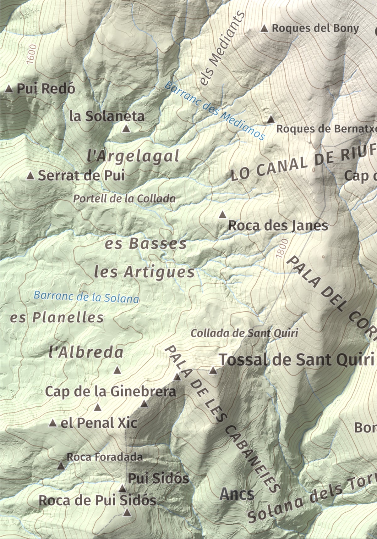 Mapa de relieve de Tuc de la Cometa, 2445 m, Pallars Jussà · Pallars Sobirà, lámina 100 Cims de Trobart. Detalle de la zona inferior izquierda. 21 × 30 cm.