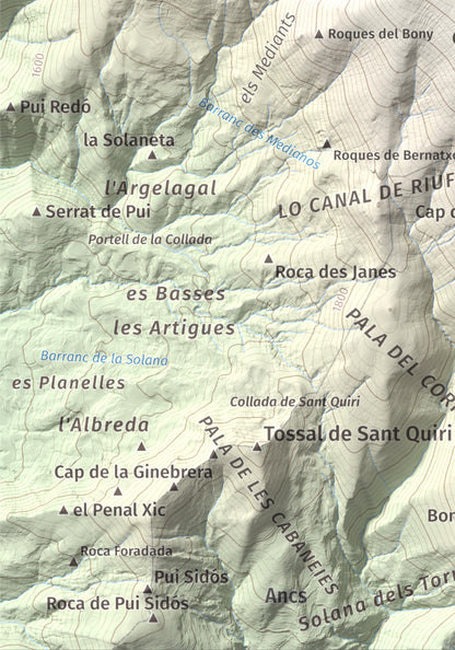 Mapa de relieve de Tuc de la Cometa, 2445 m, Pallars Jussà · Pallars Sobirà, lámina 100 Cims de Trobart. Detalle de la zona inferior izquierda. 21 × 30 cm.