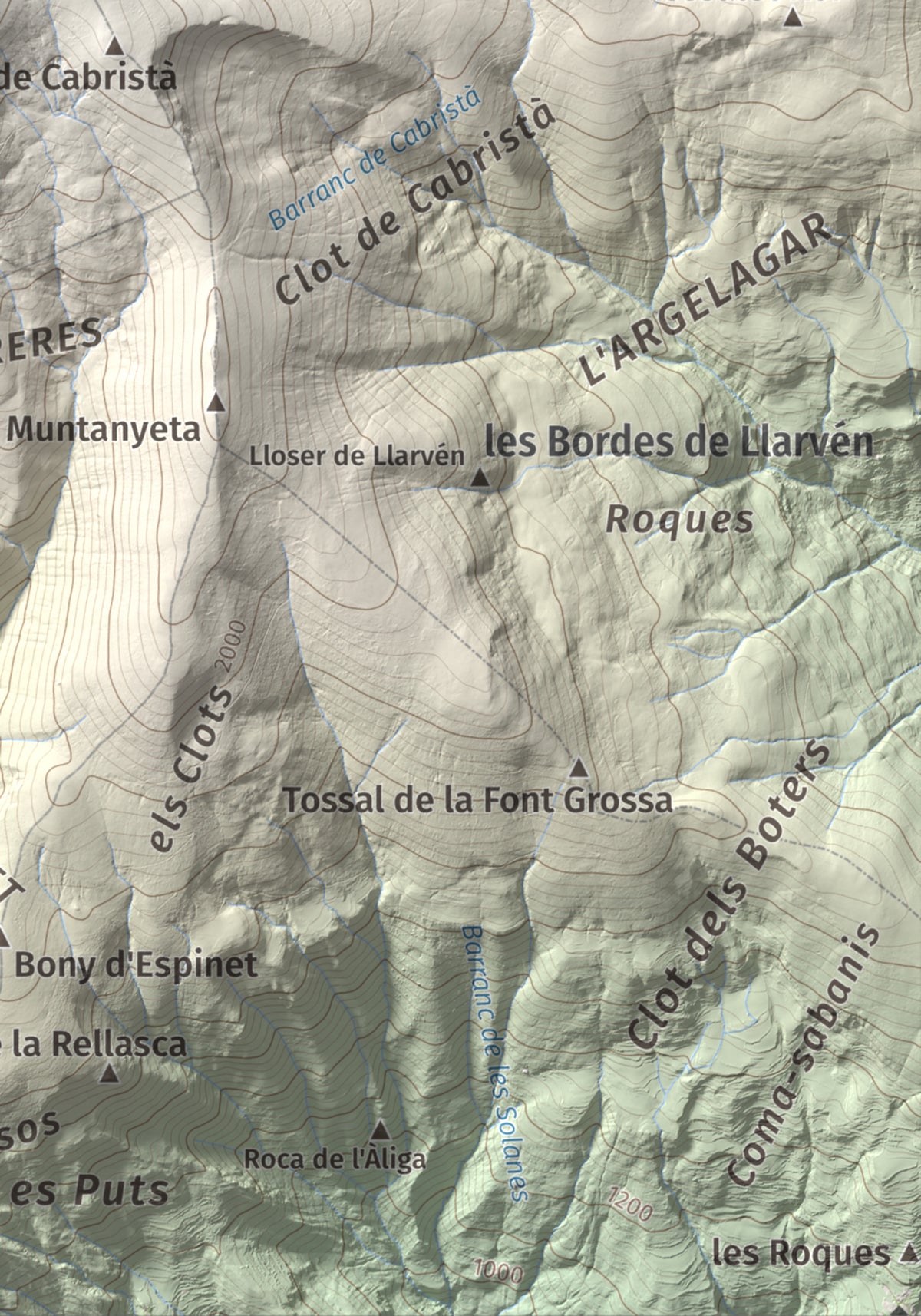 Mapa de relieve de Tuc de la Cometa, 2445 m, Pallars Jussà · Pallars Sobirà, lámina 100 Cims de Trobart. Detalle de la zona inferior derecha. 21 × 30 cm.