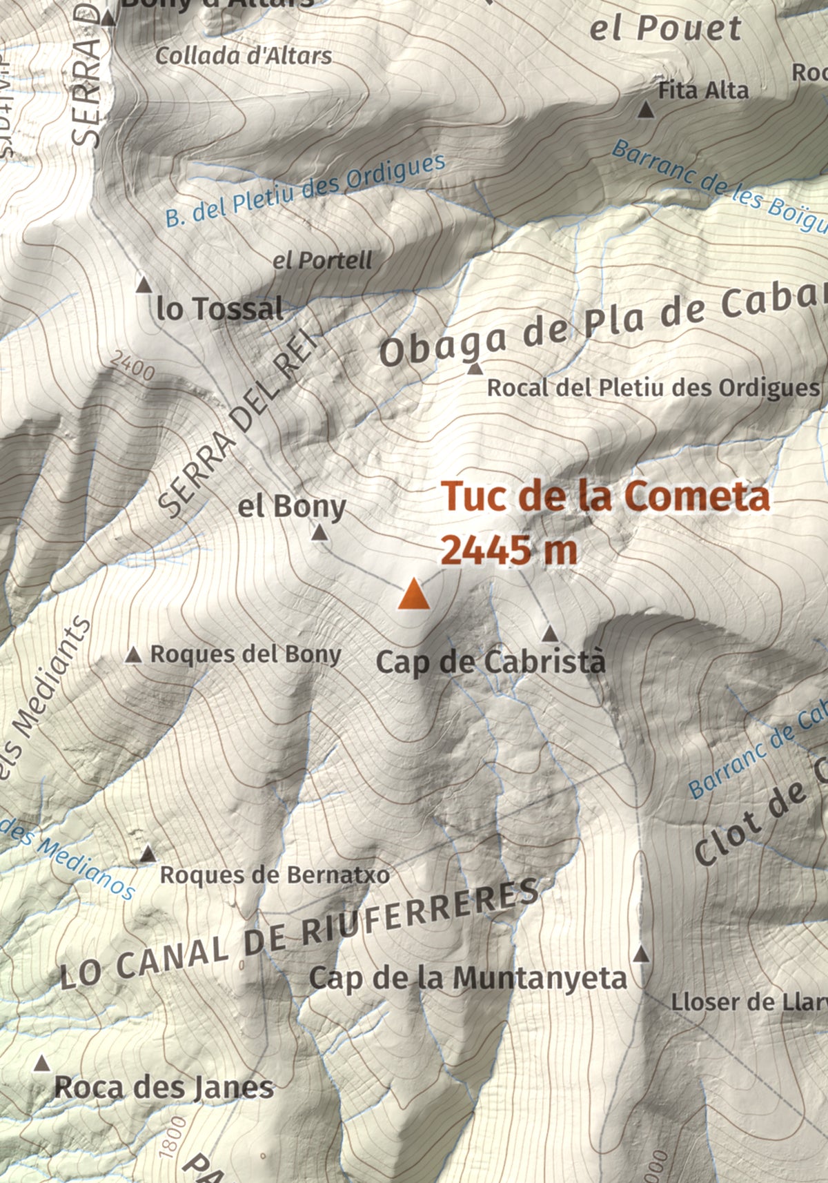 Mapa de relieve de Tuc de la Cometa, 2445 m, Pallars Jussà · Pallars Sobirà, lámina 100 Cims de Trobart. Detalle de la zona central. 21 × 30 cm.