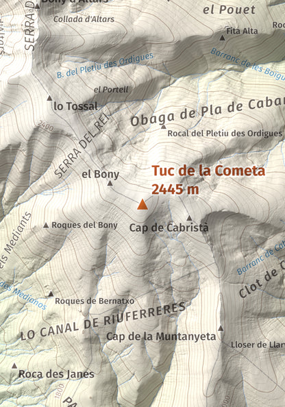Mapa de relieve de Tuc de la Cometa, 2445 m, Pallars Jussà · Pallars Sobirà, lámina 100 Cims de Trobart. Detalle de la zona central. 21 × 30 cm.