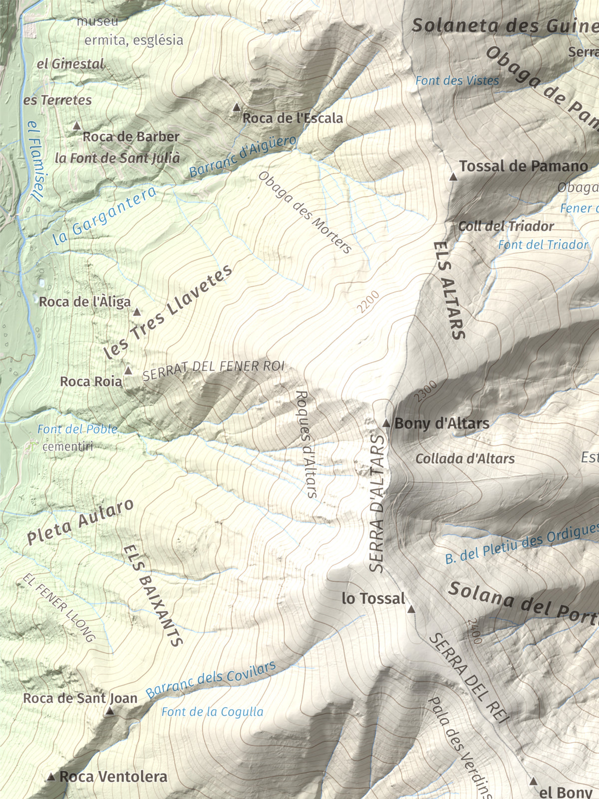 Mapa de relieve de Tuc de la Cometa, 2445 m, Pallars Jussà · Pallars Sobirà, lámina 100 Cims de Trobart. Detalle de la zona superior izquierda. 30 × 40 cm.