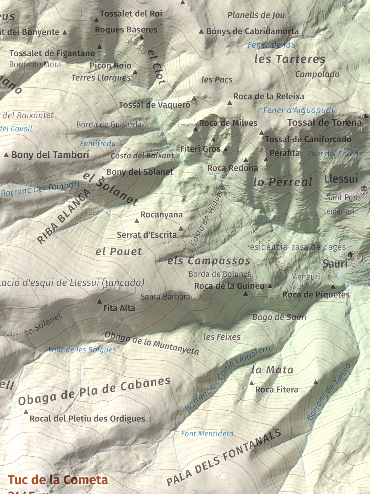 Mapa de relieve de Tuc de la Cometa, 2445 m, Pallars Jussà · Pallars Sobirà, lámina 100 Cims de Trobart. Detalle de la zona superior derecha. 30 × 40 cm.