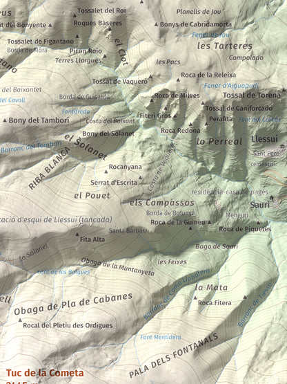 Mapa de relieve de Tuc de la Cometa, 2445 m, Pallars Jussà · Pallars Sobirà, lámina 100 Cims de Trobart. Detalle de la zona superior derecha. 30 × 40 cm.