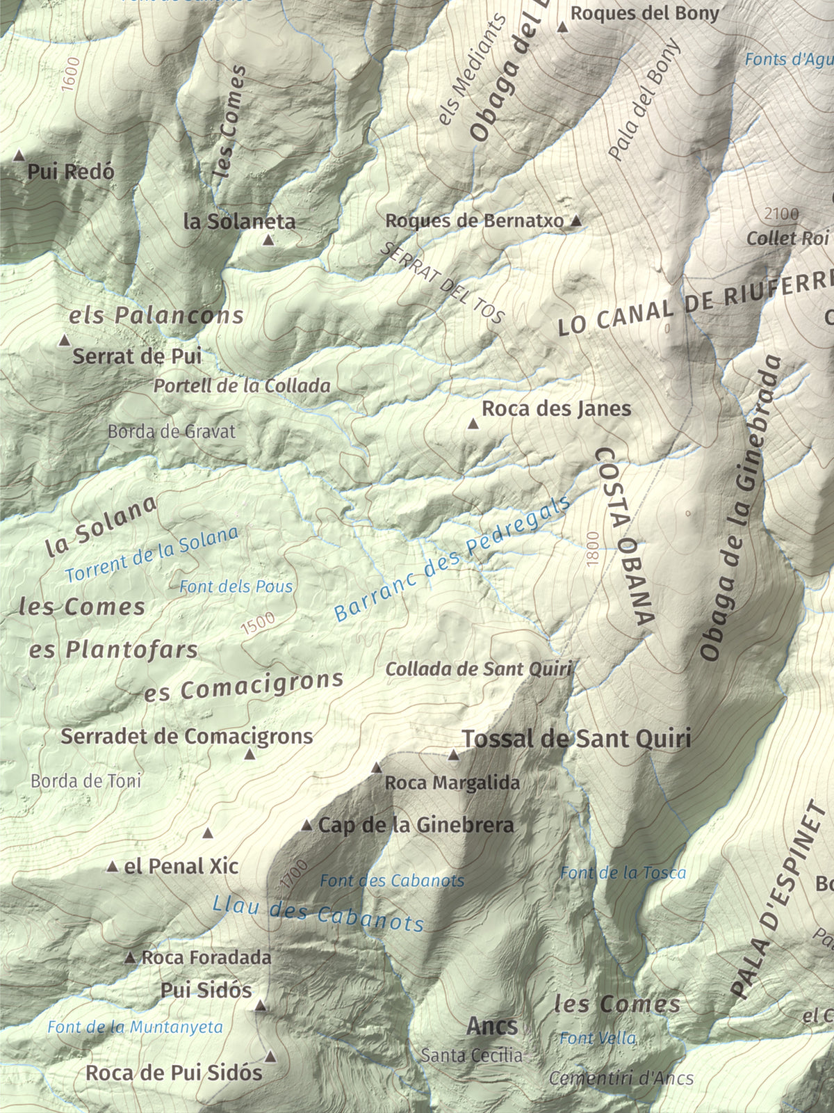 Mapa de relieve de Tuc de la Cometa, 2445 m, Pallars Jussà · Pallars Sobirà, lámina 100 Cims de Trobart. Detalle de la zona inferior izquierda. 30 × 40 cm.