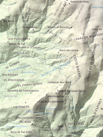 Mapa de relieve de Tuc de la Cometa, 2445 m, Pallars Jussà · Pallars Sobirà, lámina 100 Cims de Trobart. Detalle de la zona inferior izquierda. 30 × 40 cm.