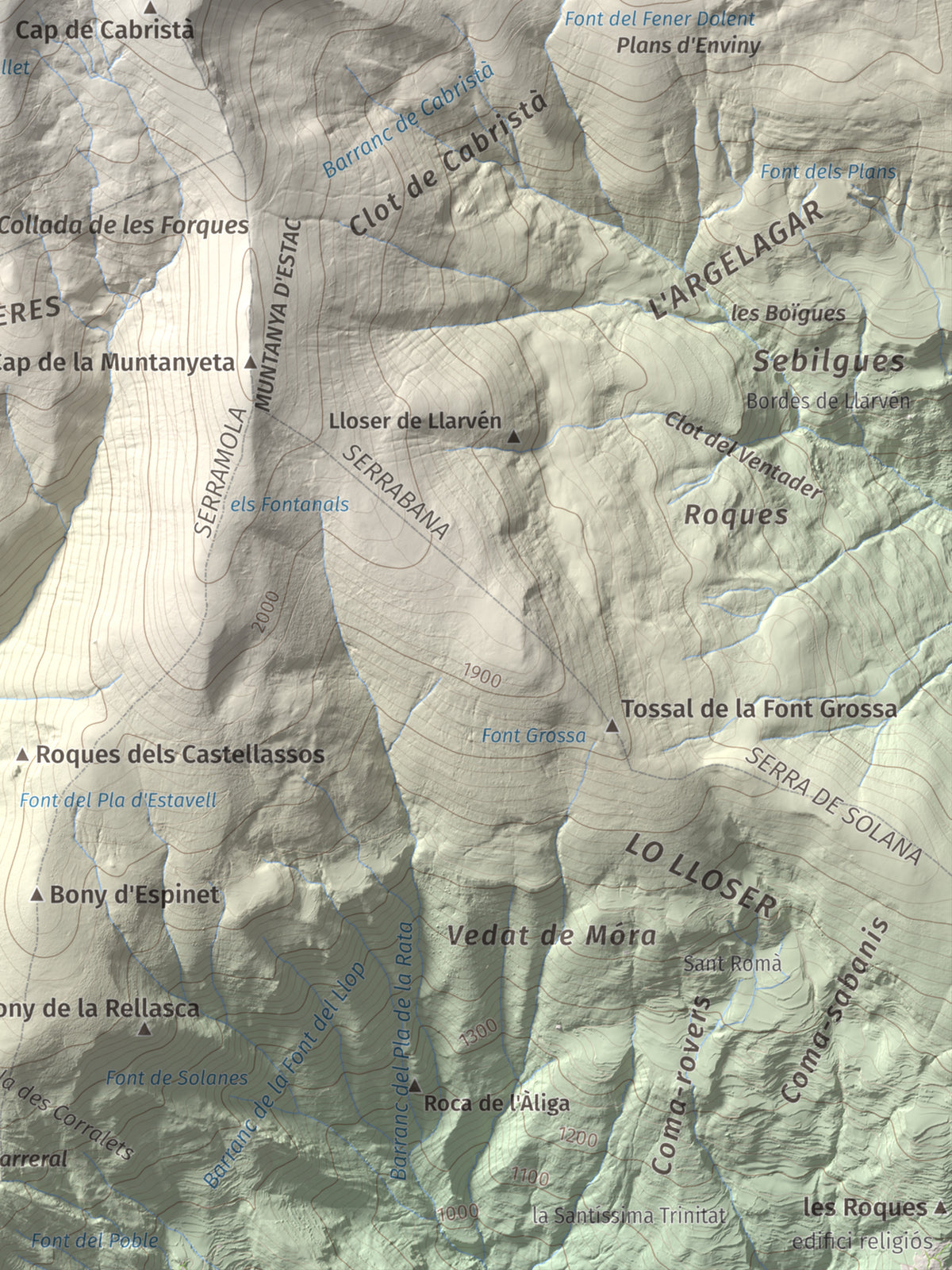 Mapa de relieve de Tuc de la Cometa, 2445 m, Pallars Jussà · Pallars Sobirà, lámina 100 Cims de Trobart. Detalle de la zona inferior derecha. 30 × 40 cm.