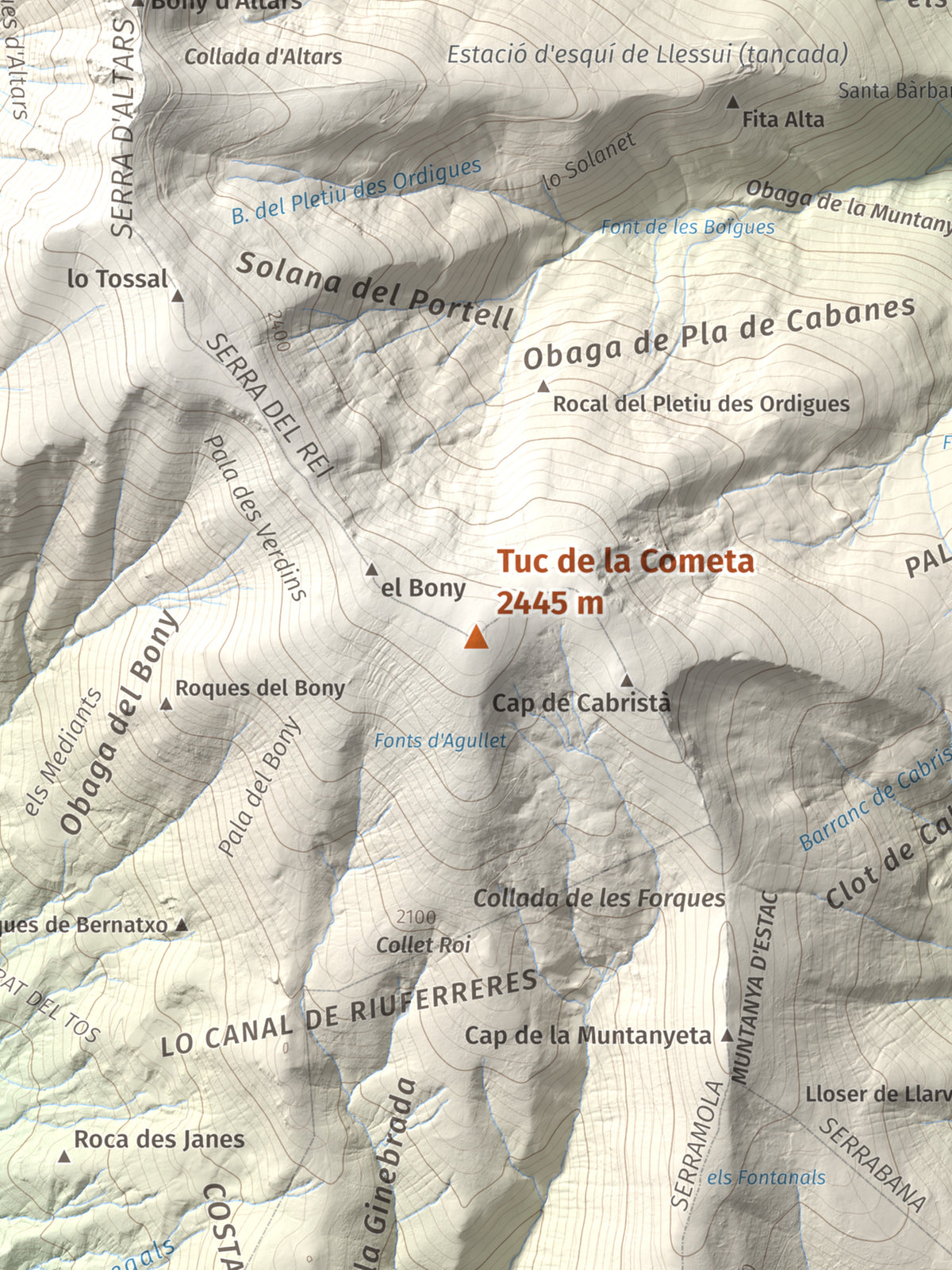 Mapa de relieve de Tuc de la Cometa, 2445 m, Pallars Jussà · Pallars Sobirà, lámina 100 Cims de Trobart. Detalle de la zona central. 30 × 40 cm.