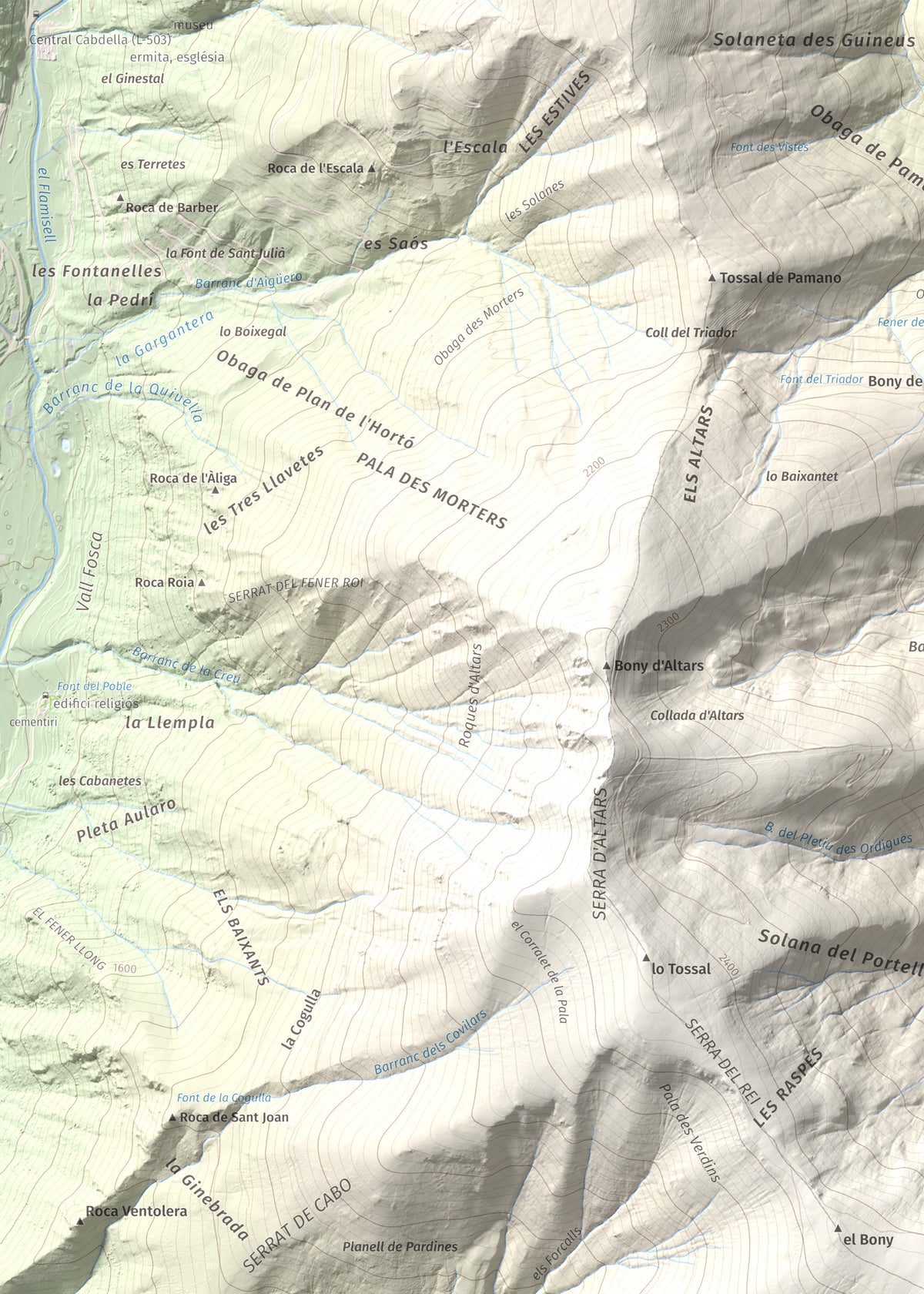 Mapa de relieve de Tuc de la Cometa, 2445 m, Pallars Jussà · Pallars Sobirà, lámina 100 Cims de Trobart. Detalle de la zona superior izquierda. 50 × 70 cm.