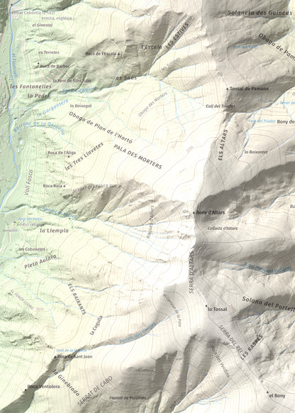 Mapa de relieve de Tuc de la Cometa, 2445 m, Pallars Jussà · Pallars Sobirà, lámina 100 Cims de Trobart. Detalle de la zona superior izquierda. 50 × 70 cm.