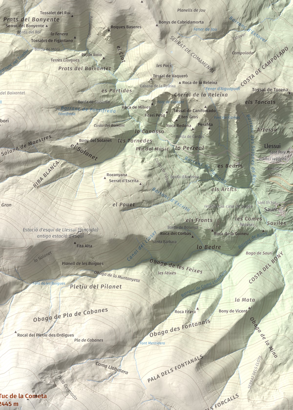 Mapa de relieve de Tuc de la Cometa, 2445 m, Pallars Jussà · Pallars Sobirà, lámina 100 Cims de Trobart. Detalle de la zona superior derecha. 50 × 70 cm.