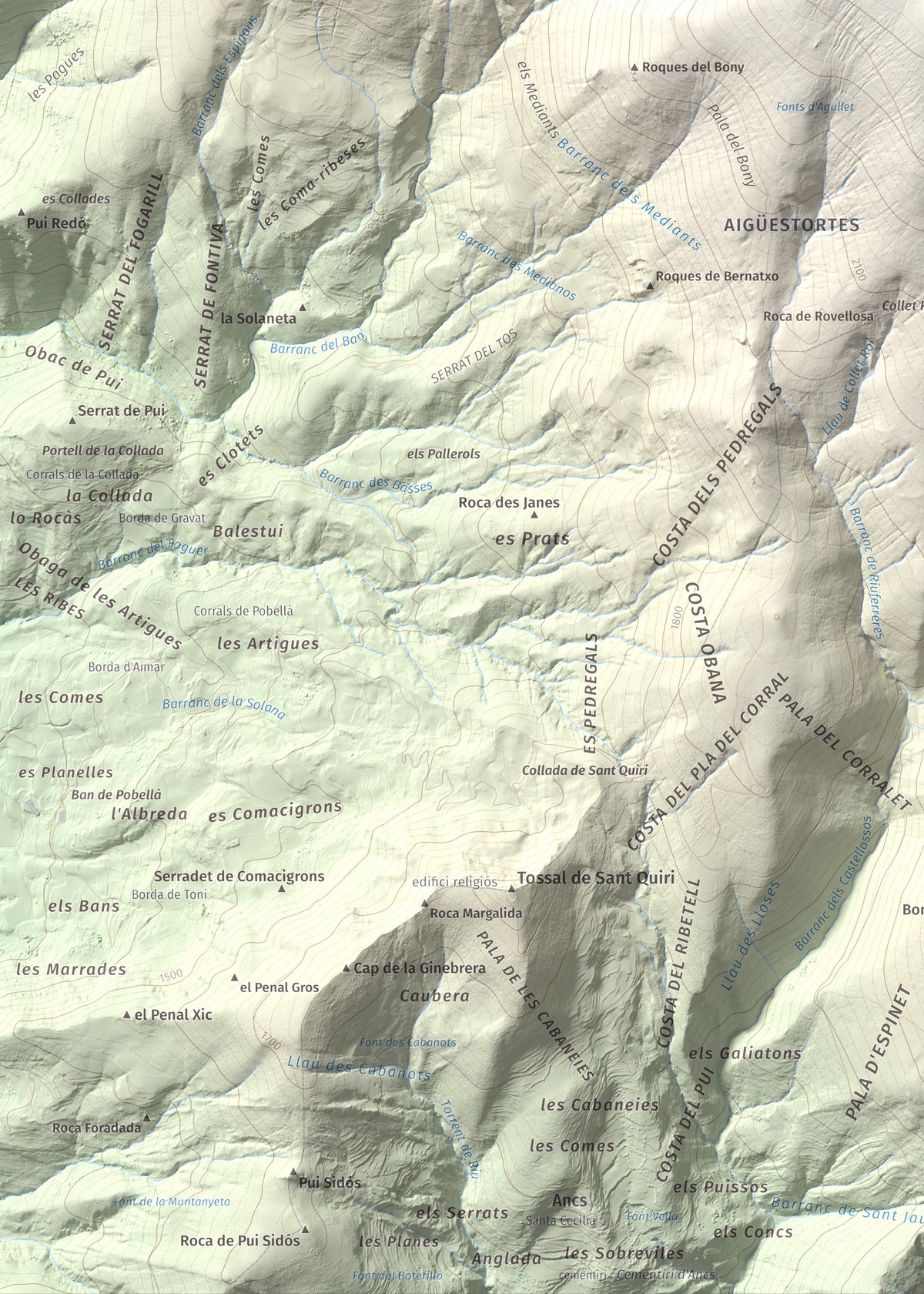 Mapa de relieve de Tuc de la Cometa, 2445 m, Pallars Jussà · Pallars Sobirà, lámina 100 Cims de Trobart. Detalle de la zona inferior izquierda. 50 × 70 cm.