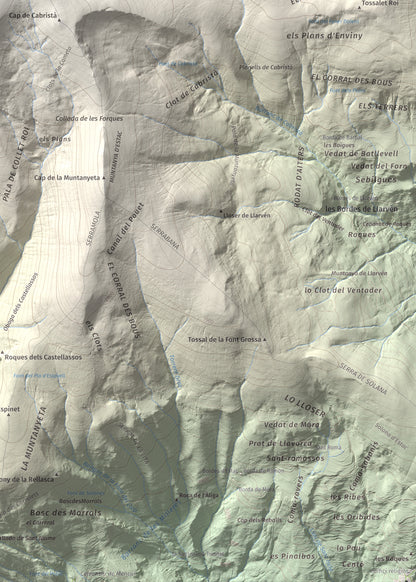 Mapa de relieve de Tuc de la Cometa, 2445 m, Pallars Jussà · Pallars Sobirà, lámina 100 Cims de Trobart. Detalle de la zona inferior derecha. 50 × 70 cm.