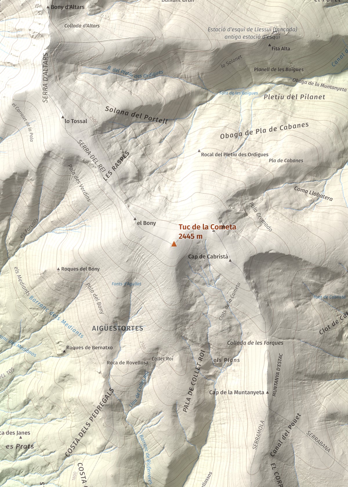 Mapa de relieve de Tuc de la Cometa, 2445 m, Pallars Jussà · Pallars Sobirà, lámina 100 Cims de Trobart. Detalle de la zona central. 50 × 70 cm.