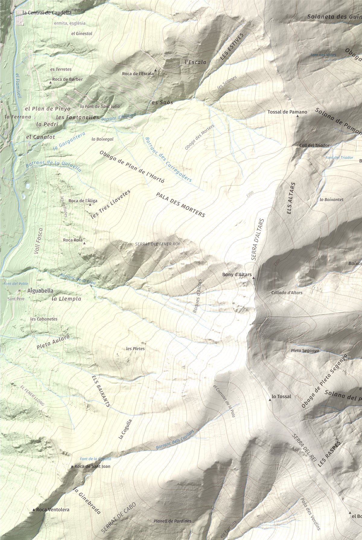 Mapa de relieve de Tuc de la Cometa, 2445 m, Pallars Jussà · Pallars Sobirà, lámina 100 Cims de Trobart. Detalle de la zona superior izquierda. 61 × 91 cm.