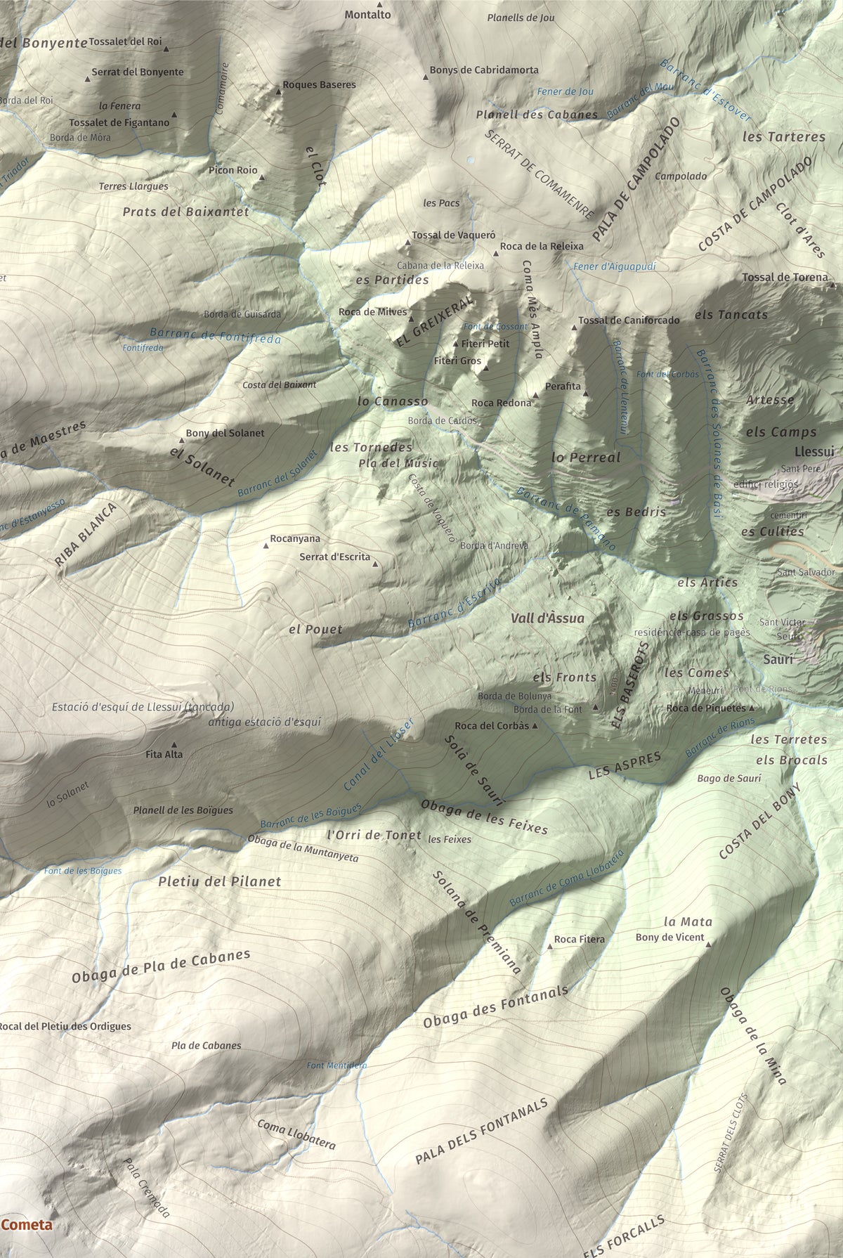 Mapa de relieve de Tuc de la Cometa, 2445 m, Pallars Jussà · Pallars Sobirà, lámina 100 Cims de Trobart. Detalle de la zona superior derecha. 61 × 91 cm.