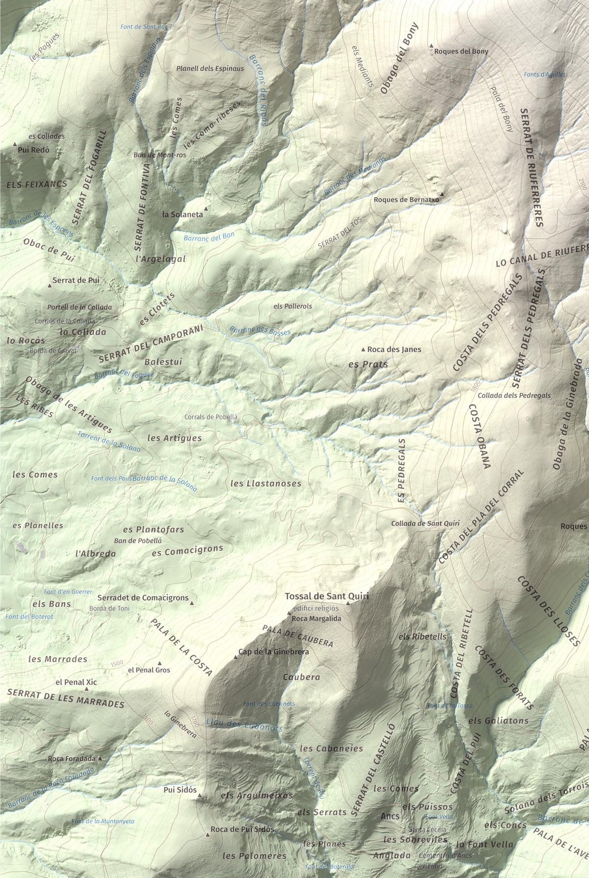 Mapa de relieve de Tuc de la Cometa, 2445 m, Pallars Jussà · Pallars Sobirà, lámina 100 Cims de Trobart. Detalle de la zona inferior izquierda. 61 × 91 cm.