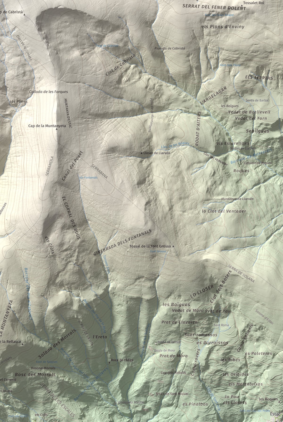 Mapa de relieve de Tuc de la Cometa, 2445 m, Pallars Jussà · Pallars Sobirà, lámina 100 Cims de Trobart. Detalle de la zona inferior derecha. 61 × 91 cm.