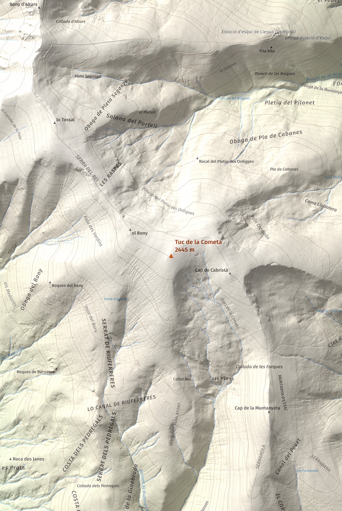 Mapa de relieve de Tuc de la Cometa, 2445 m, Pallars Jussà · Pallars Sobirà, lámina 100 Cims de Trobart. Detalle de la zona central. 61 × 91 cm.
