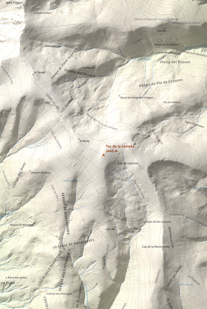 Mapa de relieve de Tuc de la Cometa, 2445 m, Pallars Jussà · Pallars Sobirà, lámina 100 Cims de Trobart. Detalle de la zona central. 61 × 91 cm.