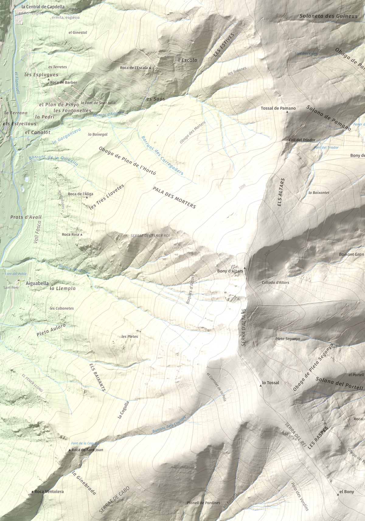 Mapa de relieve de Tuc de la Cometa, 2445 m, Pallars Jussà · Pallars Sobirà, lámina 100 Cims de Trobart. Detalle de la zona superior izquierda. 70 × 100 cm.