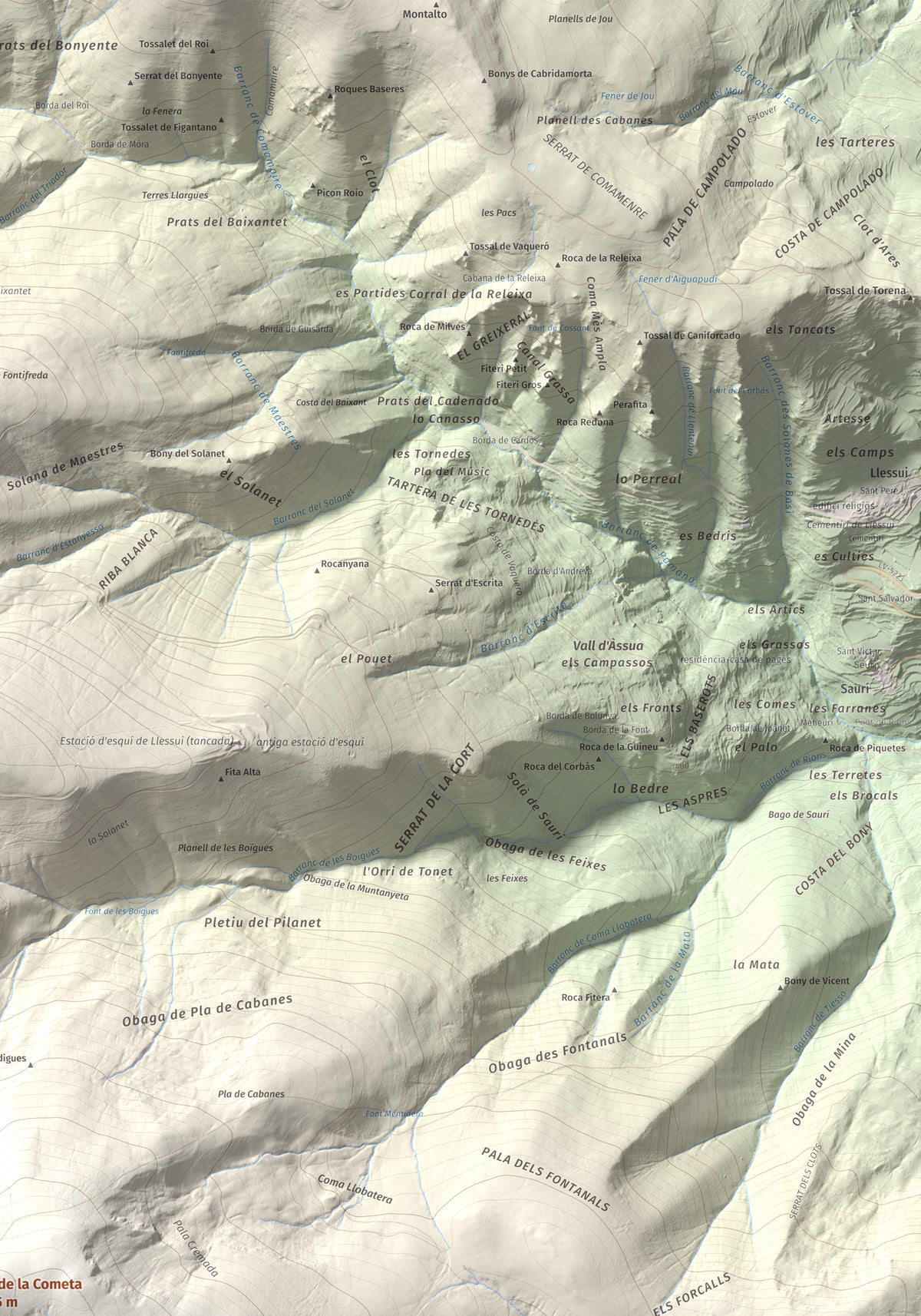Mapa de relieve de Tuc de la Cometa, 2445 m, Pallars Jussà · Pallars Sobirà, lámina 100 Cims de Trobart. Detalle de la zona superior derecha. 70 × 100 cm.