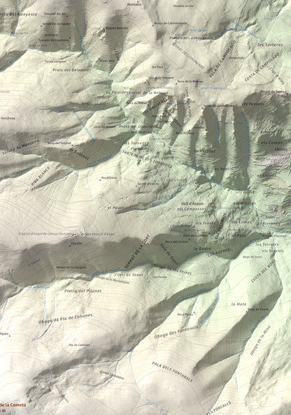 Mapa de relieve de Tuc de la Cometa, 2445 m, Pallars Jussà · Pallars Sobirà, lámina 100 Cims de Trobart. Detalle de la zona superior derecha. 70 × 100 cm.