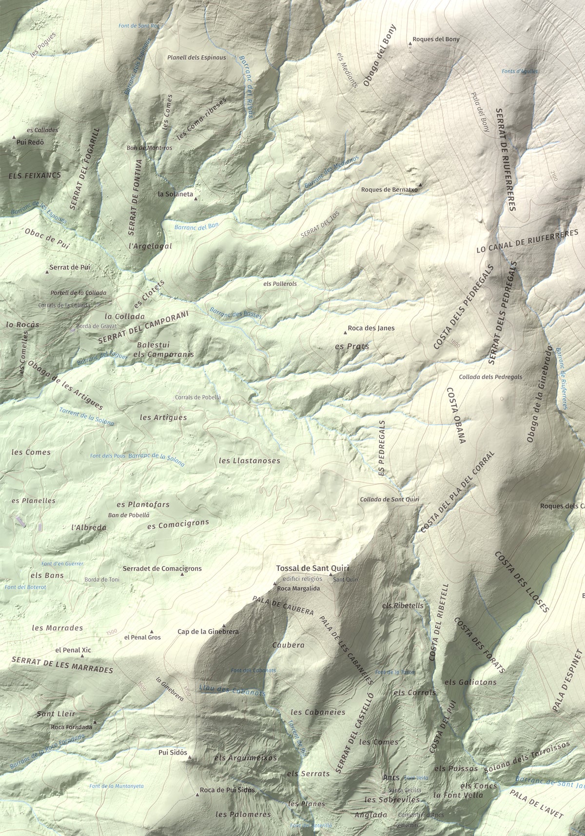 Mapa de relieve de Tuc de la Cometa, 2445 m, Pallars Jussà · Pallars Sobirà, lámina 100 Cims de Trobart. Detalle de la zona inferior izquierda. 70 × 100 cm.