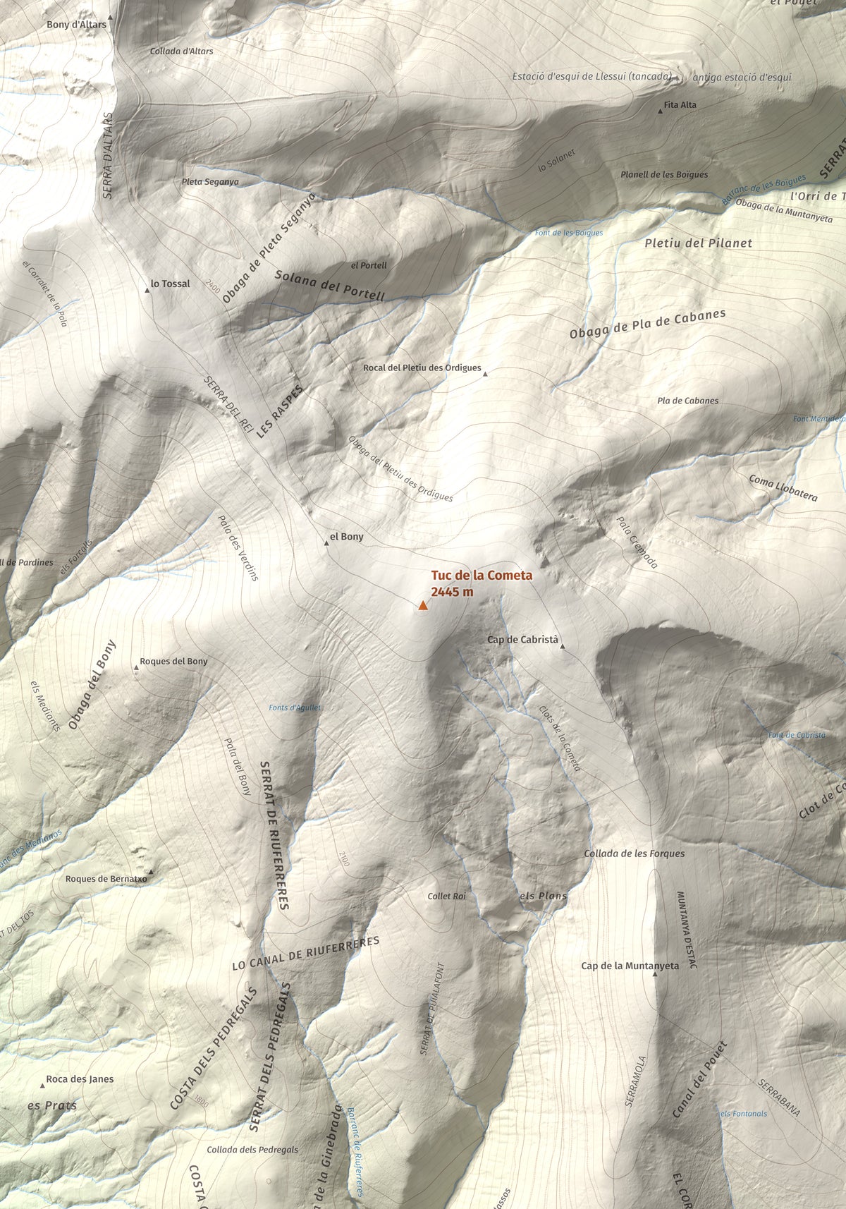 Mapa de relieve de Tuc de la Cometa, 2445 m, Pallars Jussà · Pallars Sobirà, lámina 100 Cims de Trobart. Detalle de la zona central. 70 × 100 cm.