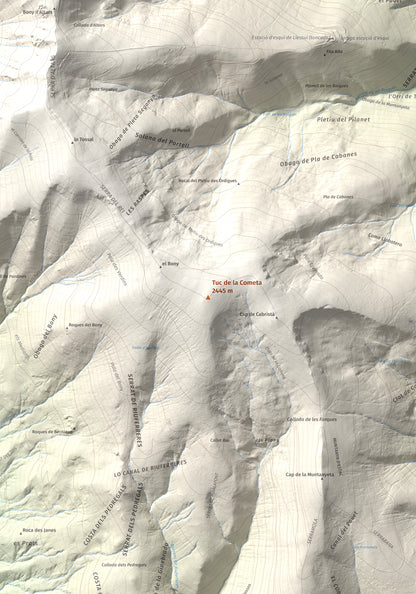 Mapa de relieve de Tuc de la Cometa, 2445 m, Pallars Jussà · Pallars Sobirà, lámina 100 Cims de Trobart. Detalle de la zona central. 70 × 100 cm.